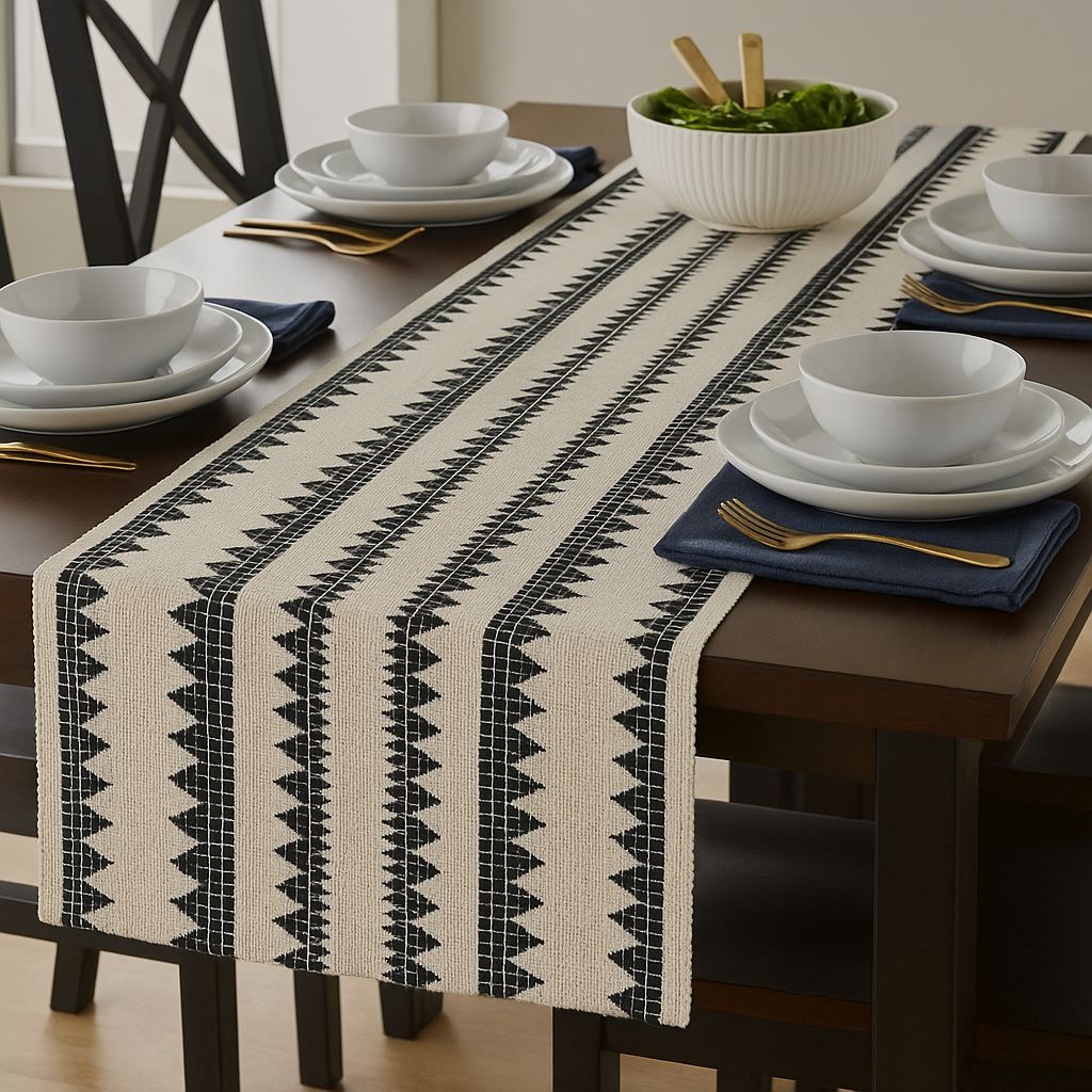 Black & White Geometric Woven Table Runner – 72 Inches