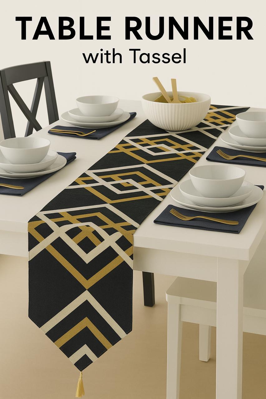 Luxury Geometric Black & Gold Table Runner with Tassel