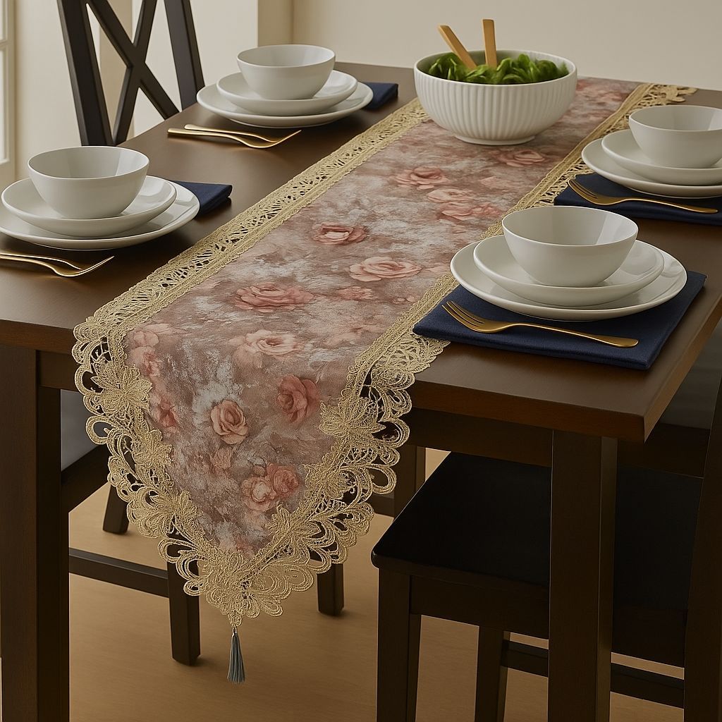 🌹 Elegant Rose Lace Table Runner – 72 Inches